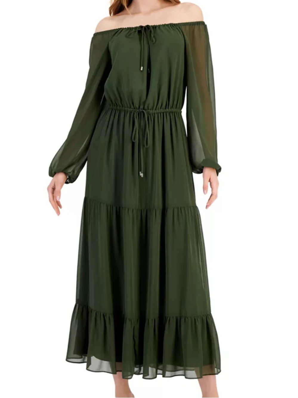 INC International Concepts Army Green Off-the-Shoulder Tiered Maxi Dress